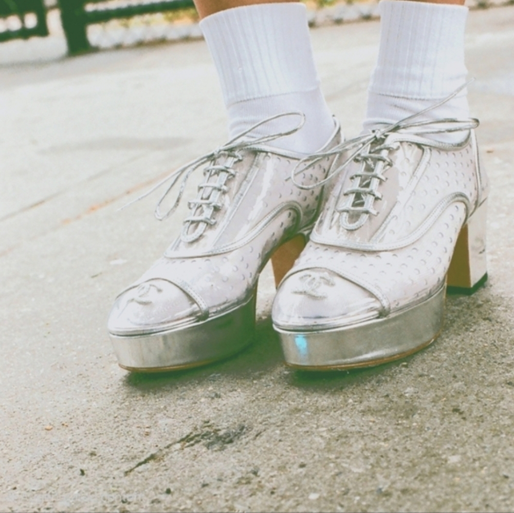 Chanel Silver Clear Heeled Oxfords Size 37